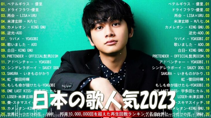 【広告なし】有名曲Jpop メドレー 2023 🎶 J-POP 最新曲ランキング 邦楽 2023 🍀 最も人気のある若者の音楽🍁YOASOBI、優里、King Gnu、LiSA、菅田将暉